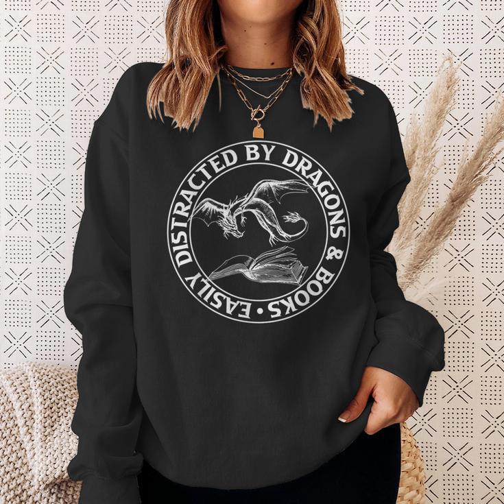 Easily Distracted By Dragons & Books Book Lover Fantasy Sweatshirt Gifts for Her
