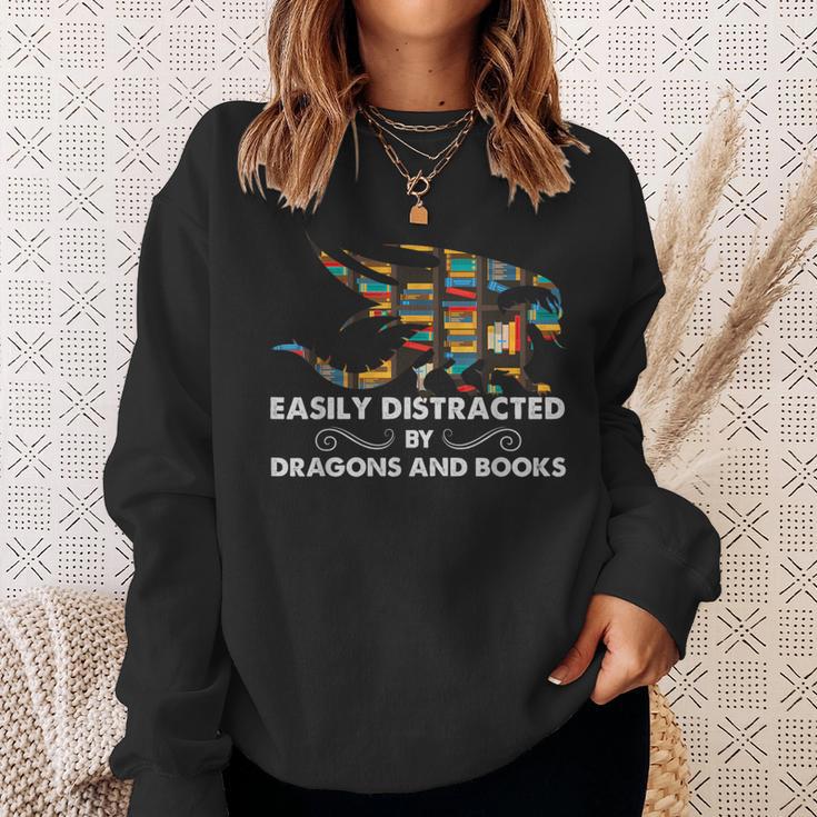 Easily Distracted By Dragons & Books Cool Reading Books Sweatshirt Gifts for Her