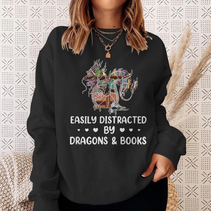 Easily Distracted By Dragons & Books Dragon Book Reading Sweatshirt Gifts for Her