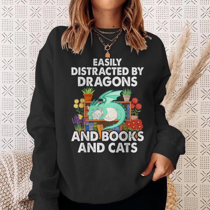 Easily Distracted By Dragons Books Cats Fantasy Book Lover Sweatshirt Gifts for Her