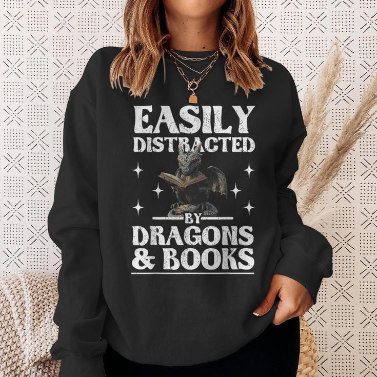 Easily Distracted By Dragons And Books Fantasy Book Lover Sweatshirt Gifts for Her