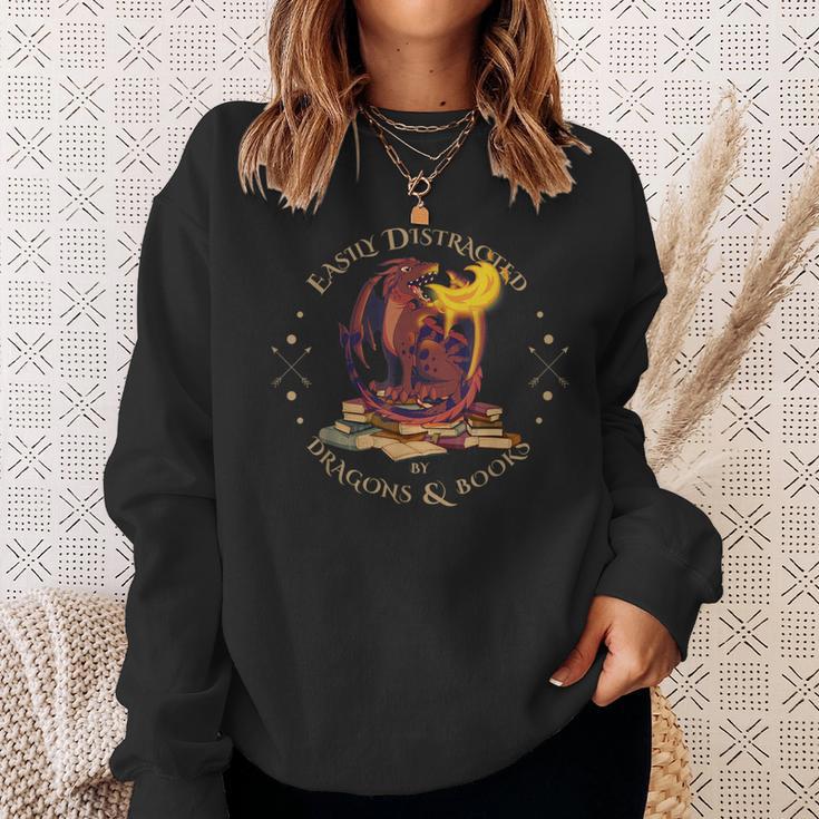 Easily Distracted By Dragons And Books Nerd Red Dragon Sweatshirt Gifts for Her