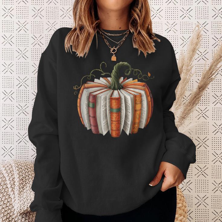 Fall Book Pumpkin Retro Reading Halloween Teacher Sweatshirt Gifts for Her