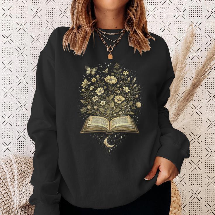 Fantasy Book Flowers Celestial Garden Stars Moon Reading Sweatshirt Gifts for Her