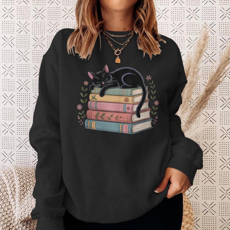 Floral Cat Sleeping On Books Sweatshirt Gifts for Her