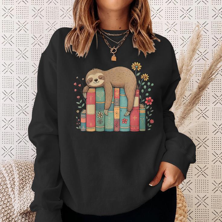 Floral Sloth Sleeping On Books Sweatshirt Gifts for Her