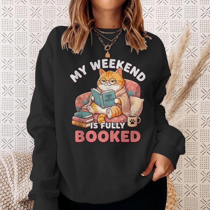 My Weekend Is Fully Booked Cute Cat Book Lover Dad Joke Sweatshirt Gifts for Her