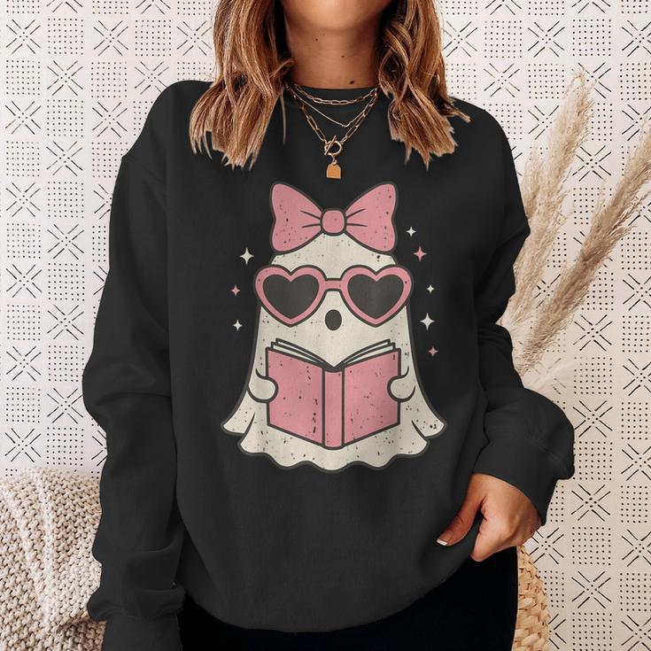 Ghost Reading Book Halloween Cat Lover Sweatshirt Gifts for Her