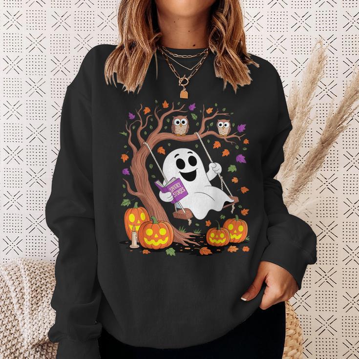 Ghost Reading Book On Swing Halloween Autumn Art Sweatshirt Gifts for Her