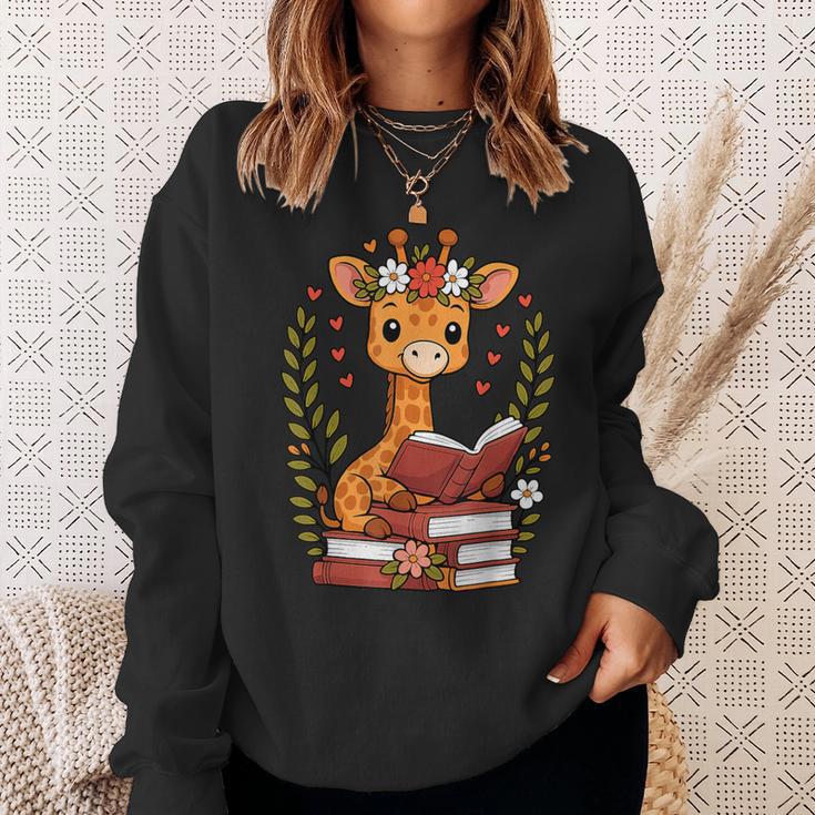 Giraffe Reading Book Graphic Giraffe With Book Floral Sweatshirt Gifts for Her