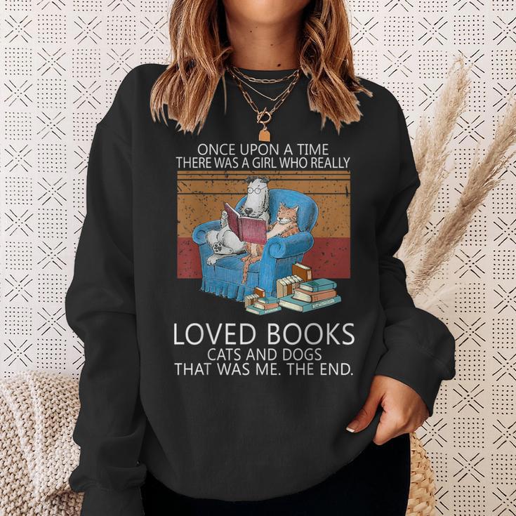 A Girl Who Loves Books Cats And Dogs Cat Book Reading Sweatshirt Gifts for Her