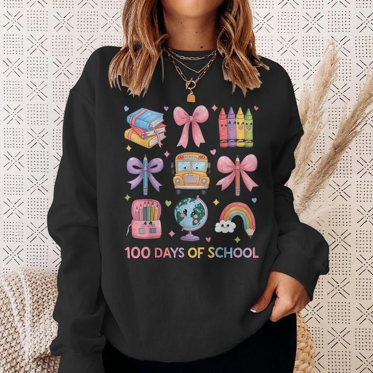 Girls 100 Days Of School Coquette Bow Pencil Bus Book Crayon Sweatshirt Gifts for Her Girls 100 Days Of School Coquette Bow Pencil Bus Book Crayon Sweatshirt Gifts for Her