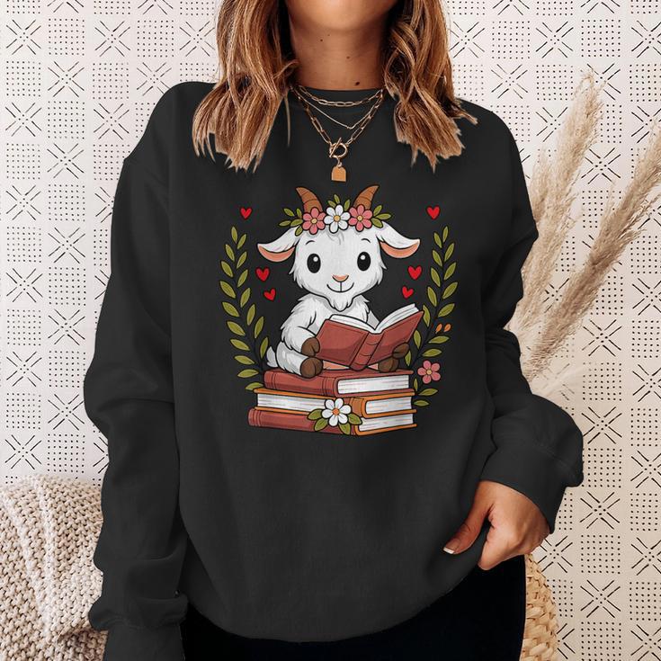Goat Reading Book Graphic Goat With Book Floral Sweatshirt Gifts for Her