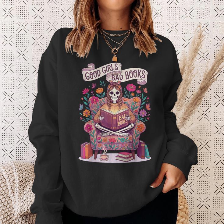 Good Girl Read Bad Books Skeleton Reading Bookworm Sweatshirt Gifts for Her
