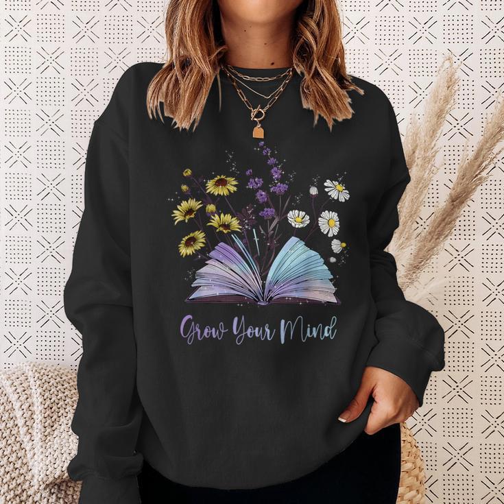 Grow Your Mind Wildflower Book Floral Motivation Sweatshirt Gifts for Her