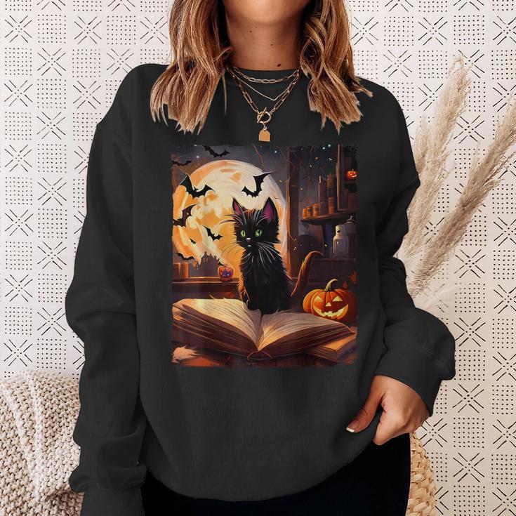 Halloween Cat Reading Books Spooky Cat Reader Teachers Sweatshirt Gifts for Her