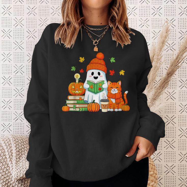 Halloween Ghost Cat Reading Book Women Girls Cute Sweatshirt Gifts for Her Halloween Ghost Cat Reading Book Women Girls Cute Sweatshirt Gifts for Her