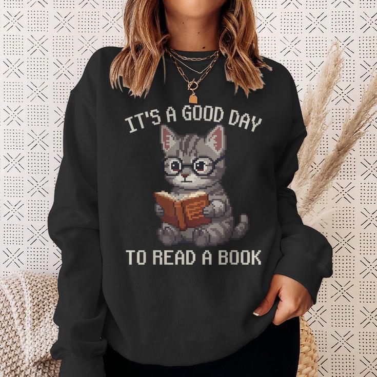 It's A Good Day To Read A Book Cat Pixel Art Sweatshirt Gifts for Her
