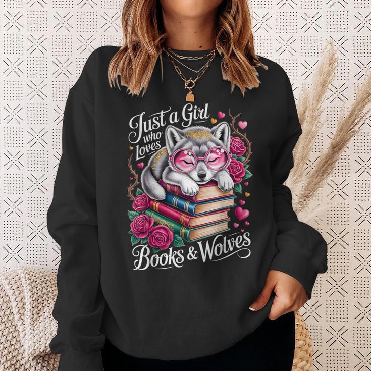 Just A Girl Who Loves Books And Wolves Cute Reading Nerd Sweatshirt Gifts for Her