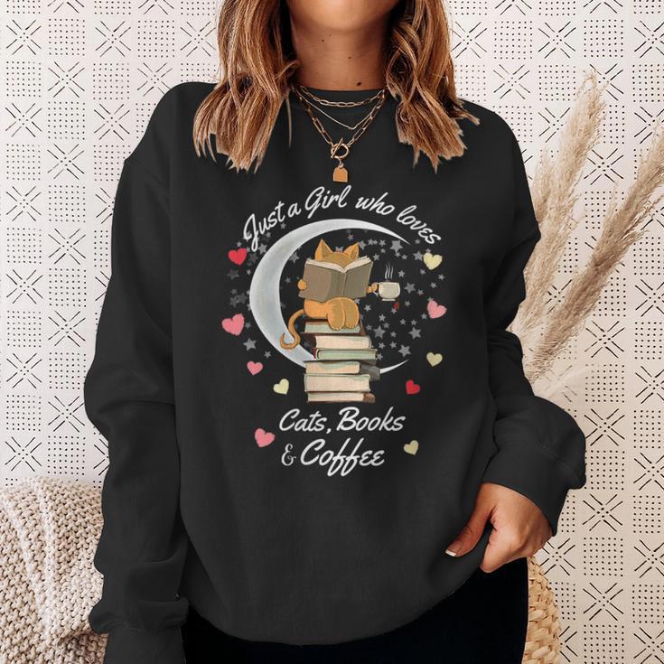 Just a Girl Who Loves Cats Books And Coffee Cartoon Cat Sweatshirt Gifts for Her