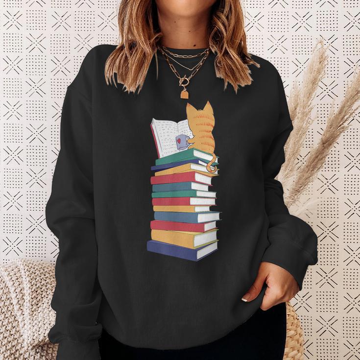 Kawaii Cat Books Tea Coffee Sweatshirt Gifts for Her
