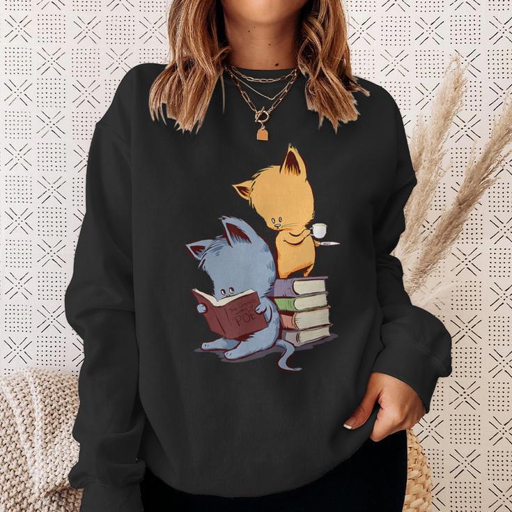 Kawaii Kittens Cats Tea And Books Cartoon Cat For Men Women Girls Kids Sweatshirt Gifts for Her