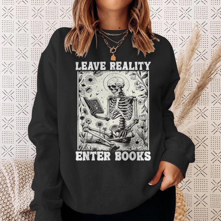 Leave Reality Enter Books Skeleton Reading Book Sweatshirt Gifts for Her