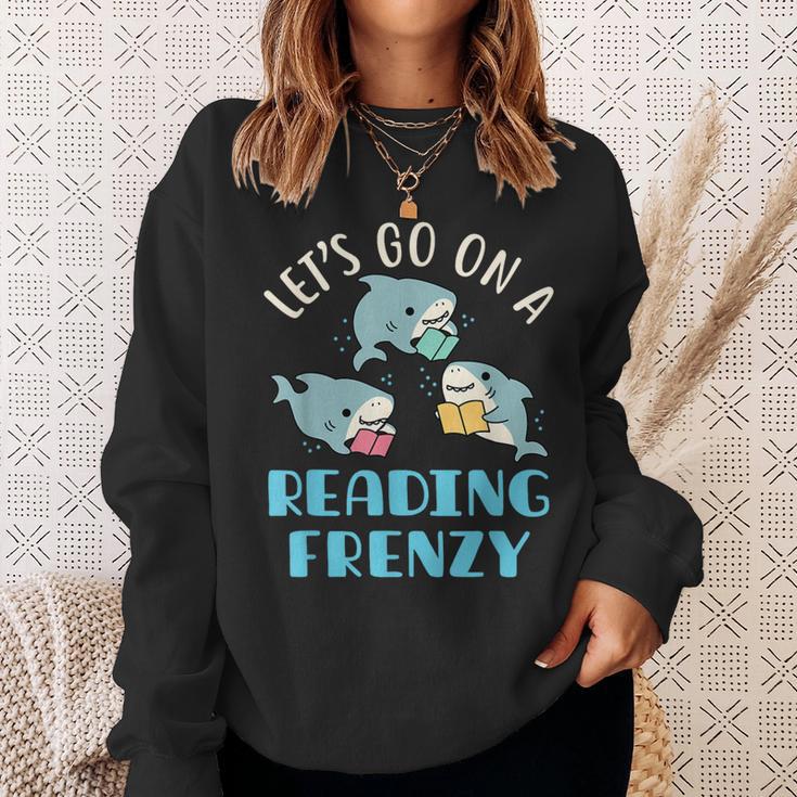 Let's Go On a Reading Frenzy Sharks With Books Teacher Sweatshirt Gifts for Her