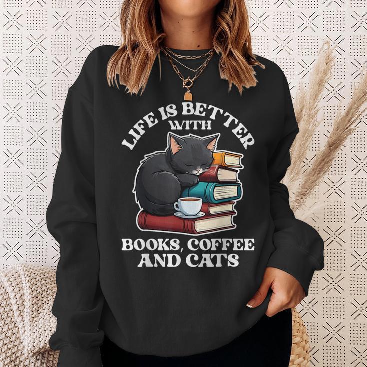 Life Is Better With Books Cats & Coffee Librarian Book Lover Sweatshirt Gifts for Her