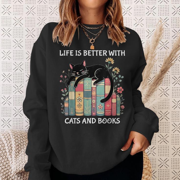 Life Is Better With Cats And Books Cute Cat Lover Sweatshirt Gifts for Her