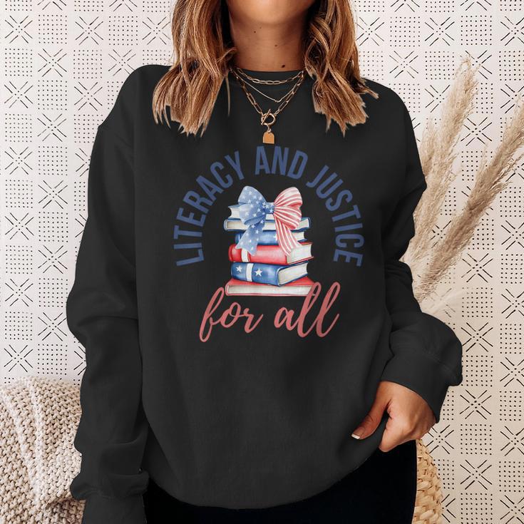 Literacy And Justice For All Book Coquette Bookworm 4th July Sweatshirt Gifts for Her