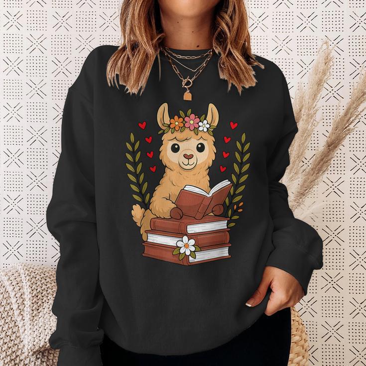 Llama Reading Book Graphic Llama With Book Floral Sweatshirt Gifts for Her Llama Reading Book Graphic Llama With Book Floral Sweatshirt Gifts for Her
