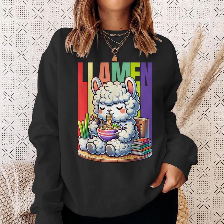 Llamen Cute Kawaii Llama Eating Ramen And Reading Books Sweatshirt Gifts for Her