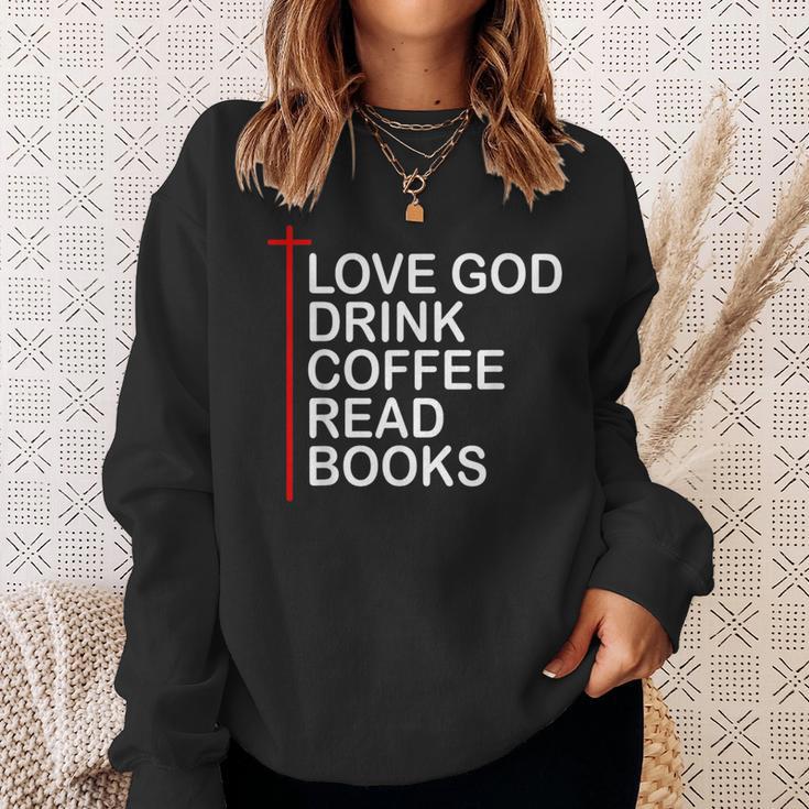 Love God Drink Coffee Read Books Lover Jesus Cross Christian Sweatshirt Gifts for Her
