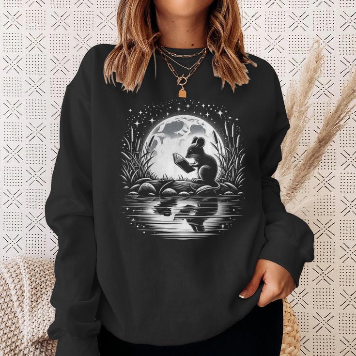 Mouse Reading Book Full Moon Lake Scenery Sweatshirt Gifts for Her
