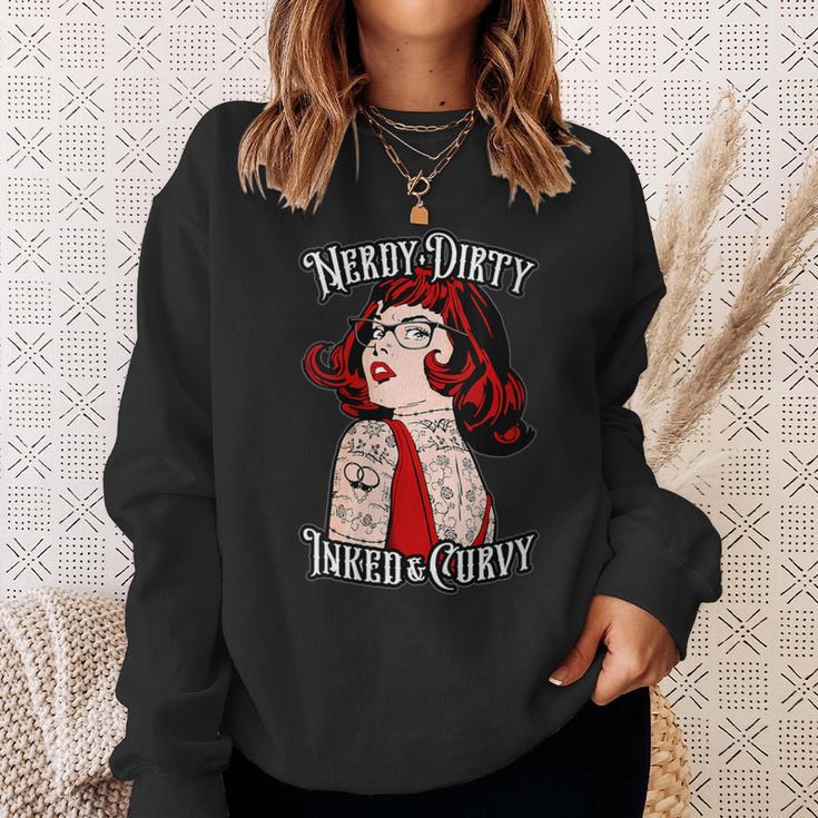 Nerdy Dirty Inked & Curvy Book Lover Tattoo Pop Art Girl Sweatshirt Gifts for Her