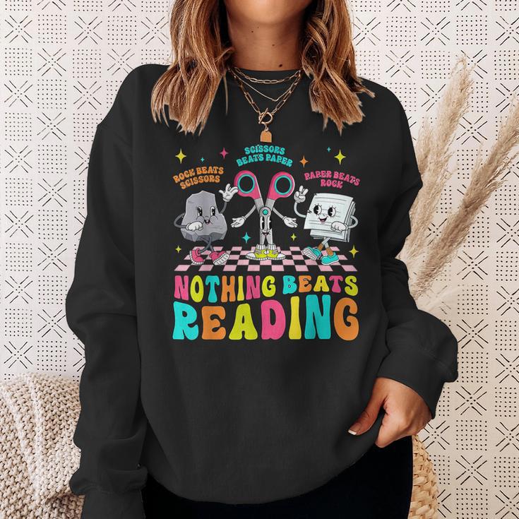Nothing Beats Reading Cute Rock Paper Scissors Book Lover Sweatshirt Gifts for Her