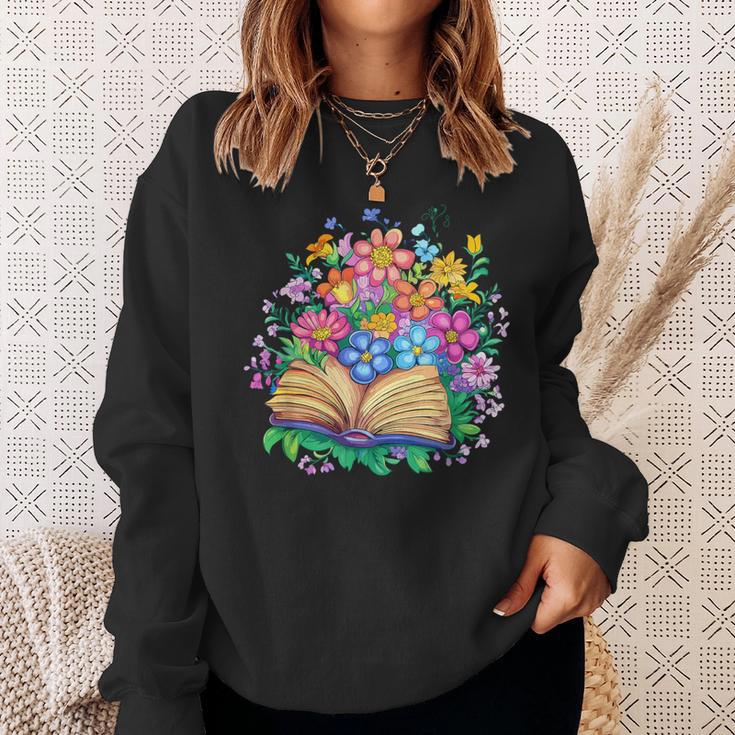 Open Book Surrounded By Colorful Spring Flowers Bloom Sweatshirt Gifts for Her