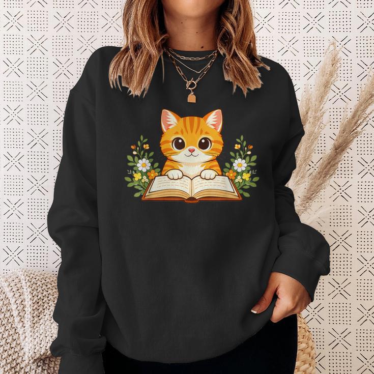 Orange Cat Reading Book Flowers Sweatshirt Gifts for Her