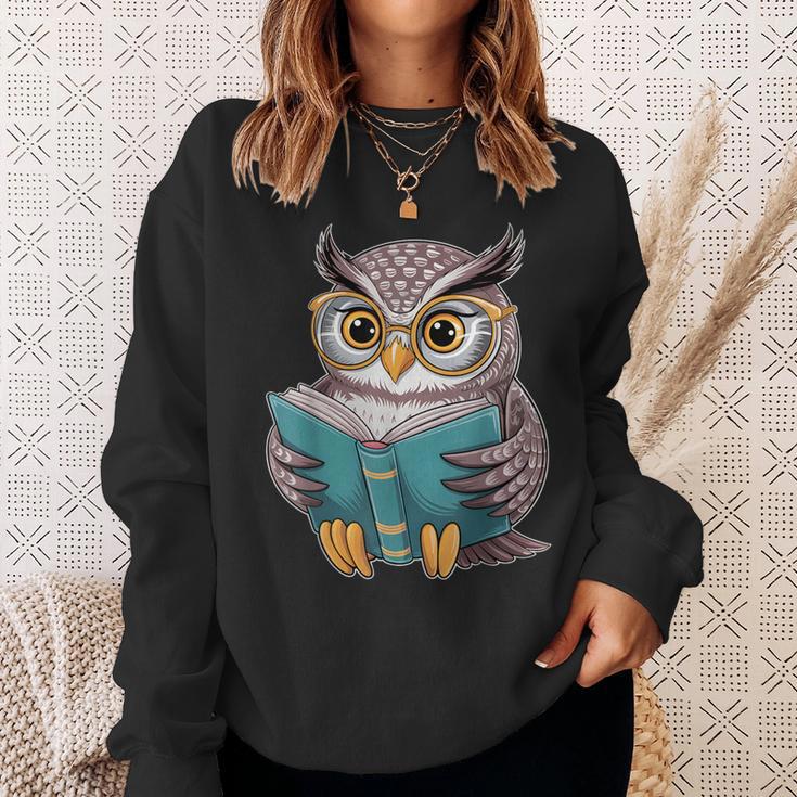 Owl Reading A Book Owls Wearing Glasses Librarian Sweatshirt Gifts for Her
