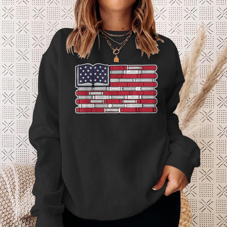 Patriotic Book Flag Reading American Flag Books Teacher Sweatshirt Gifts for Her
