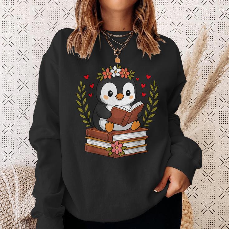 Penguin Reading Book Graphic Penguin With Book Floral Sweatshirt Gifts for Her