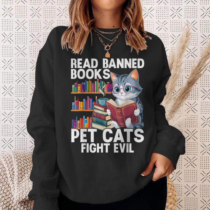 Pet Cats Fight Evil Read Banned Books Sweatshirt Gifts for Her