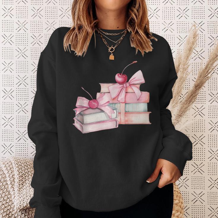 Pink Bow Books And Cherries For Book Lover Girl Women Sweatshirt Gifts for Her