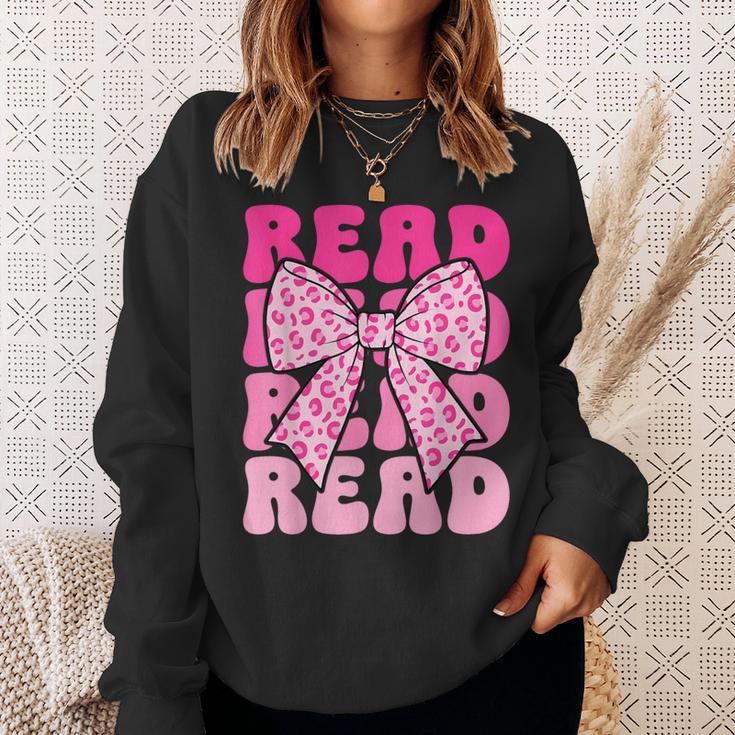 Pink Leopard Read Coquette Bow Girls Retro Groovy Reading Sweatshirt Gifts for Her