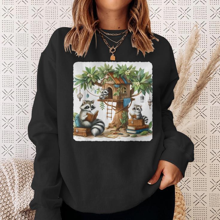 Raccoon Family Reading Around Treetop Home Books Adventure Sweatshirt Gifts for Her