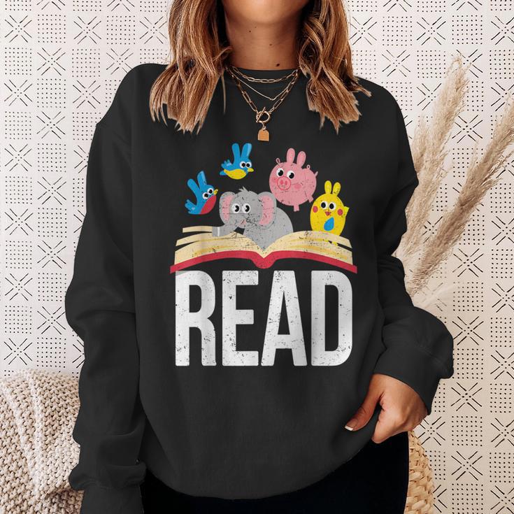 Read Book Cute School Teacher Librarian Elephant Pigeon Sweatshirt Gifts for Her