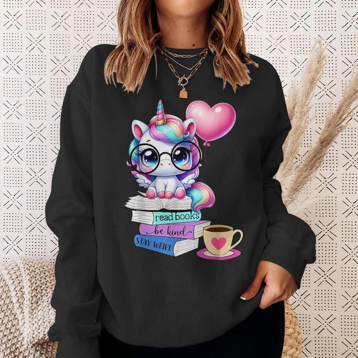 Read Books Be Kind Stay Weird Cute Unicorn Reading Librarian Sweatshirt Gifts for Her