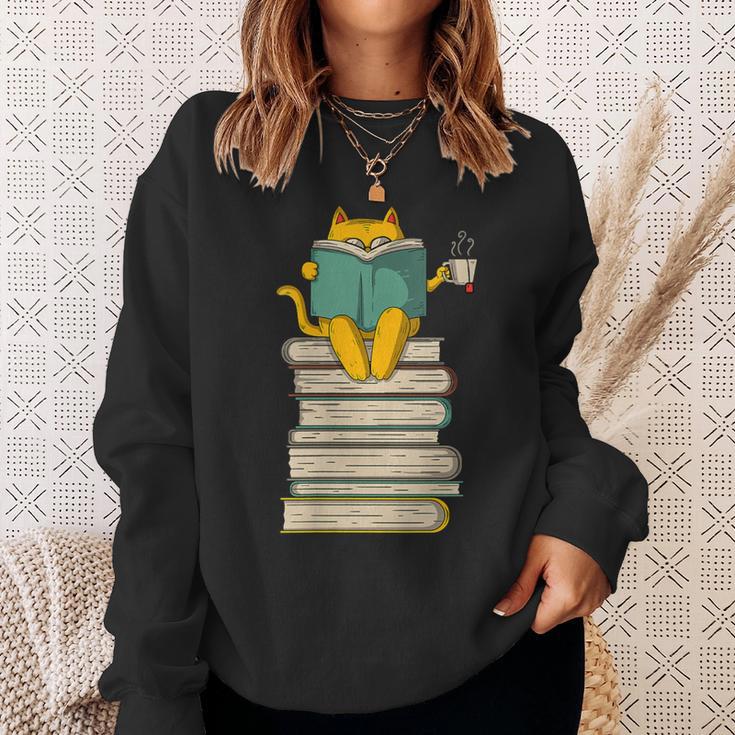 Reading Cat Book & Tea Lover Sweatshirt Gifts for Her