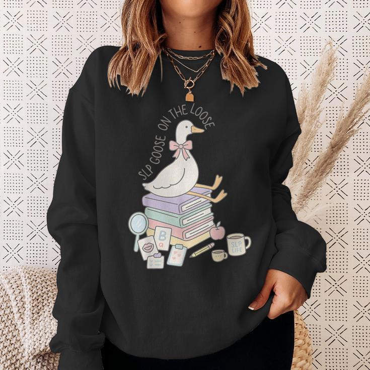 Retro Book SLP Goose On The Loose Speech Language Pathology Sweatshirt Gifts for Her